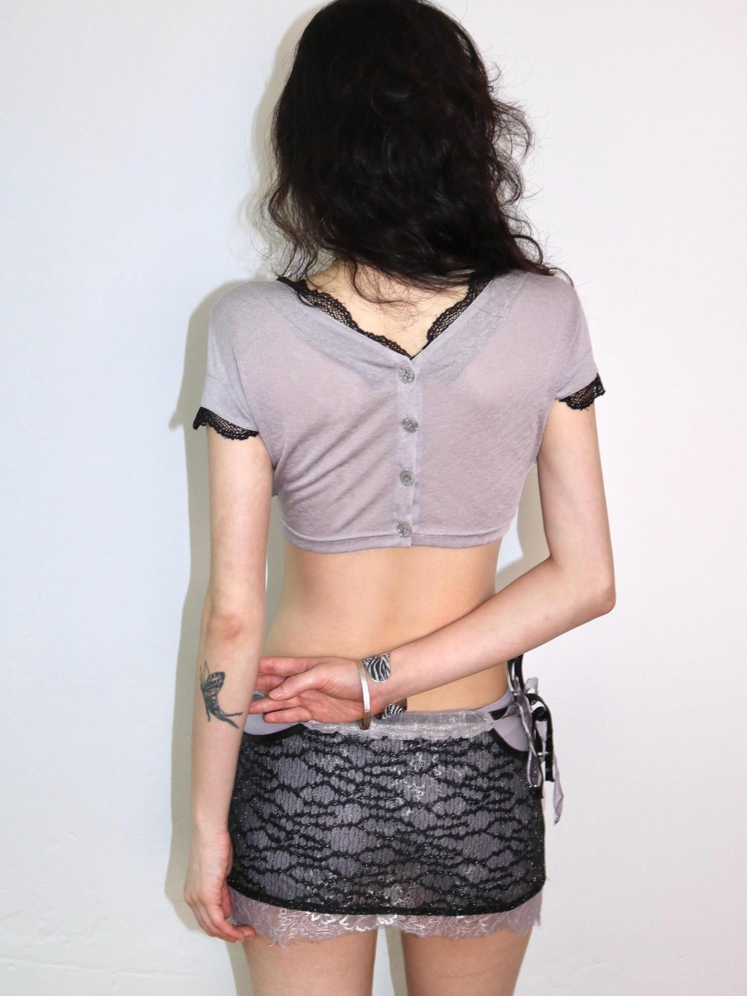 OPEN AESTHETIC Cropped Deep V Lace Trim Rhinestone Heart Tie Women&