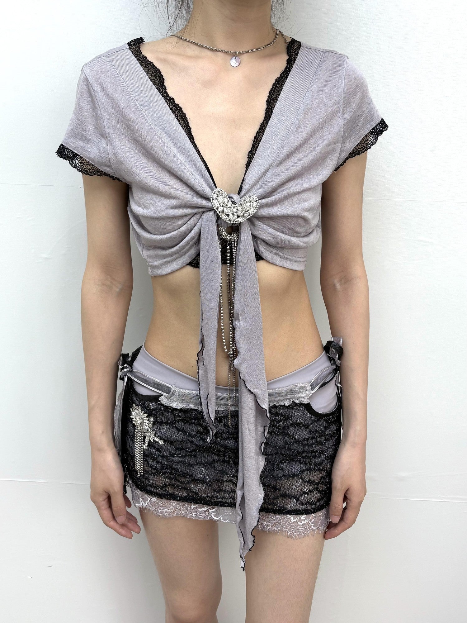 OPEN AESTHETIC Cropped Deep V Lace Trim Rhinestone Heart Tie Women&