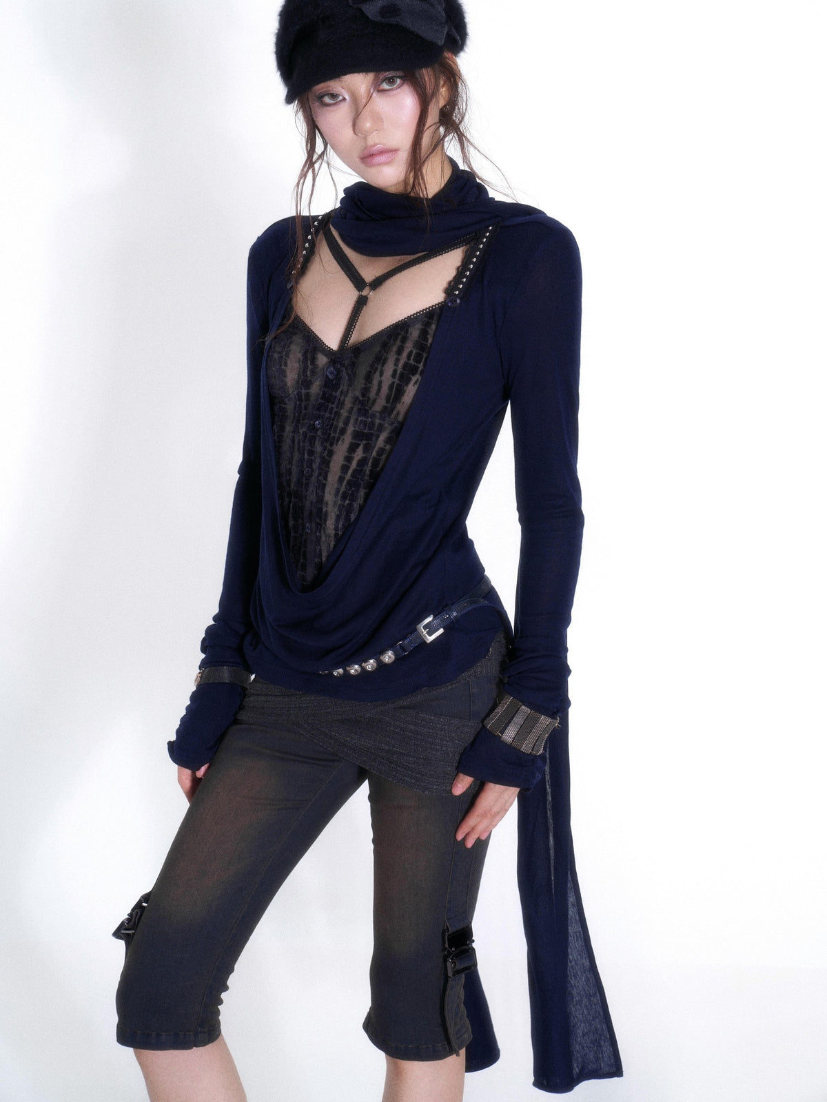 OPEN AESTHETIC Cross Neck Tencel Mesh Lace Panel Women&