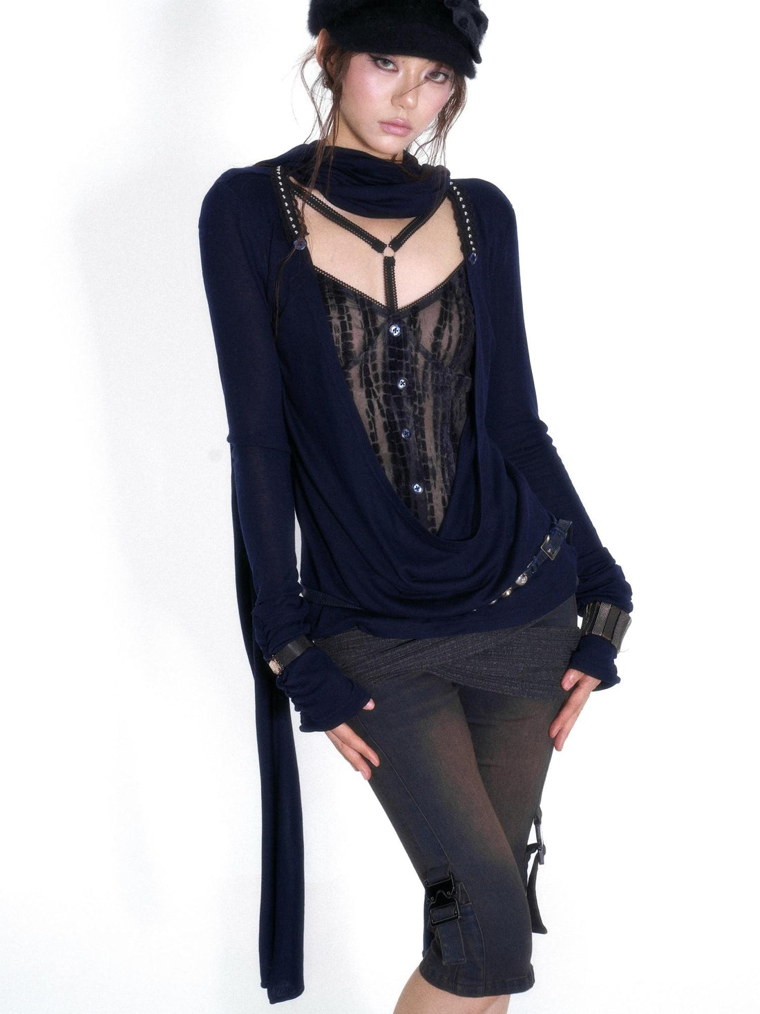 OPEN AESTHETIC Cross Neck Tencel Mesh Lace Panel Women&