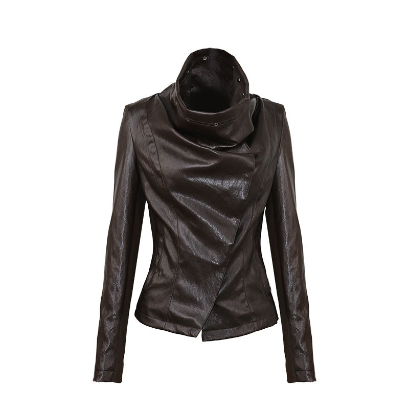 OPEN_AESTHETIC_Dark_Brown_Draped_Collar_Cinched_Waist_Women&