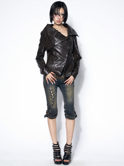 OPEN AESTHETIC Dark Brown Draped Collar Cinched Waist Women&