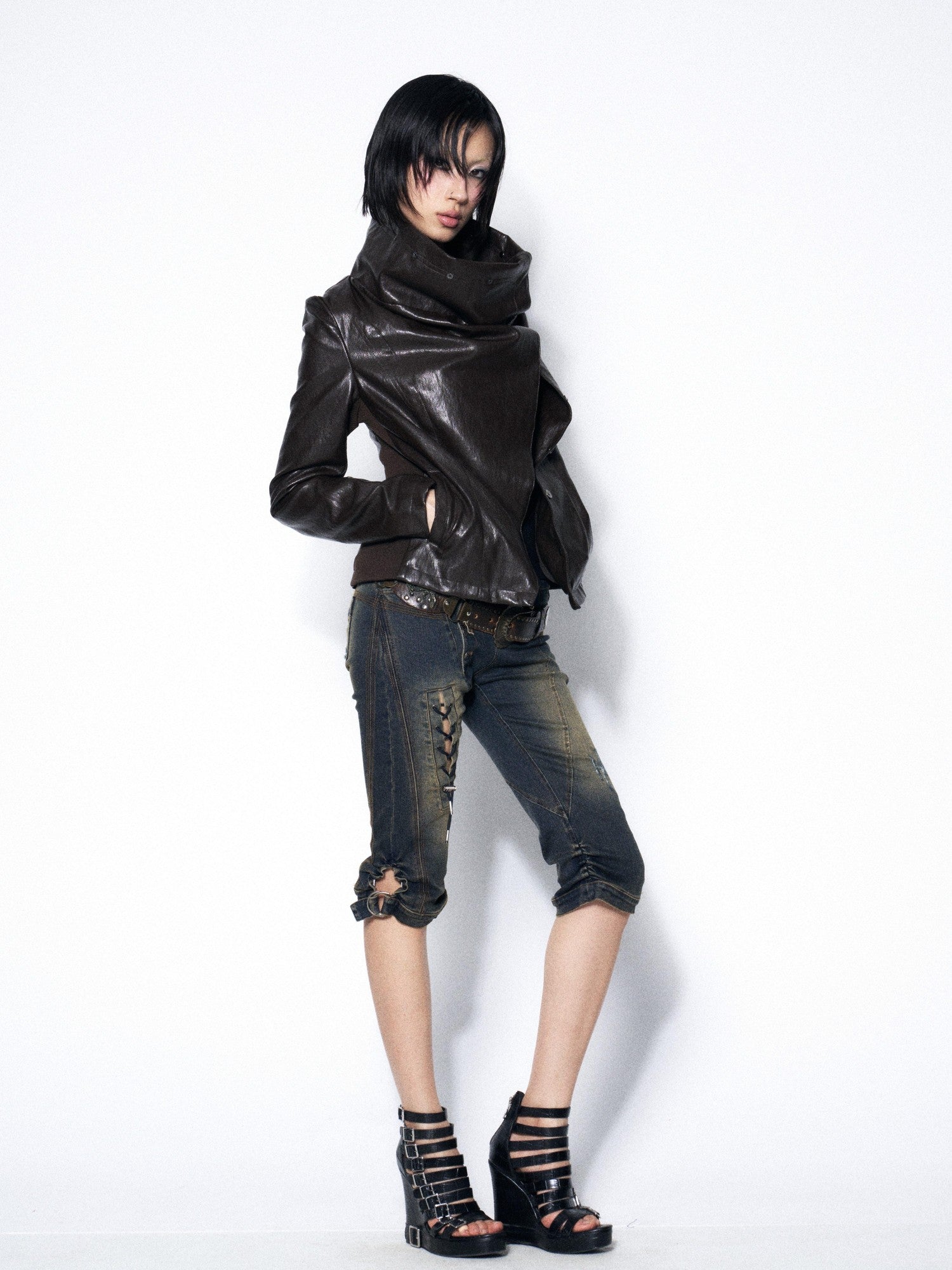 OPEN AESTHETIC Dark Brown Draped Collar Cinched Waist Women&