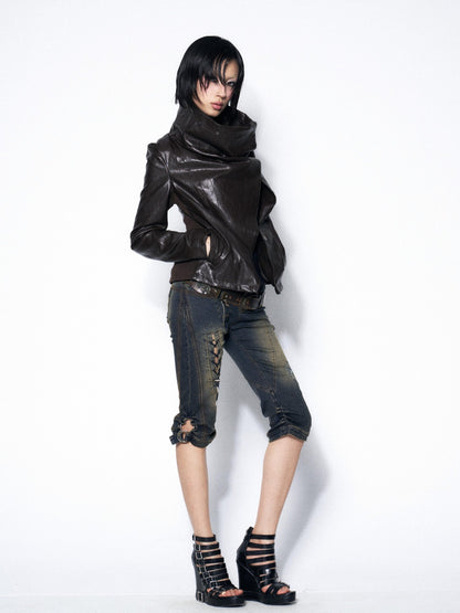 OPEN AESTHETIC Dark Brown Draped Collar Cinched Waist Women&