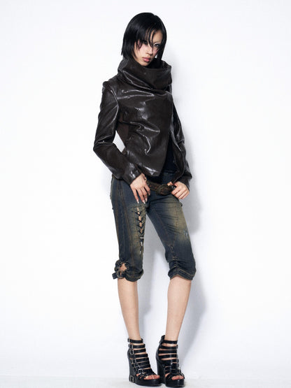 OPEN AESTHETIC Dark Brown Draped Collar Cinched Waist Women&