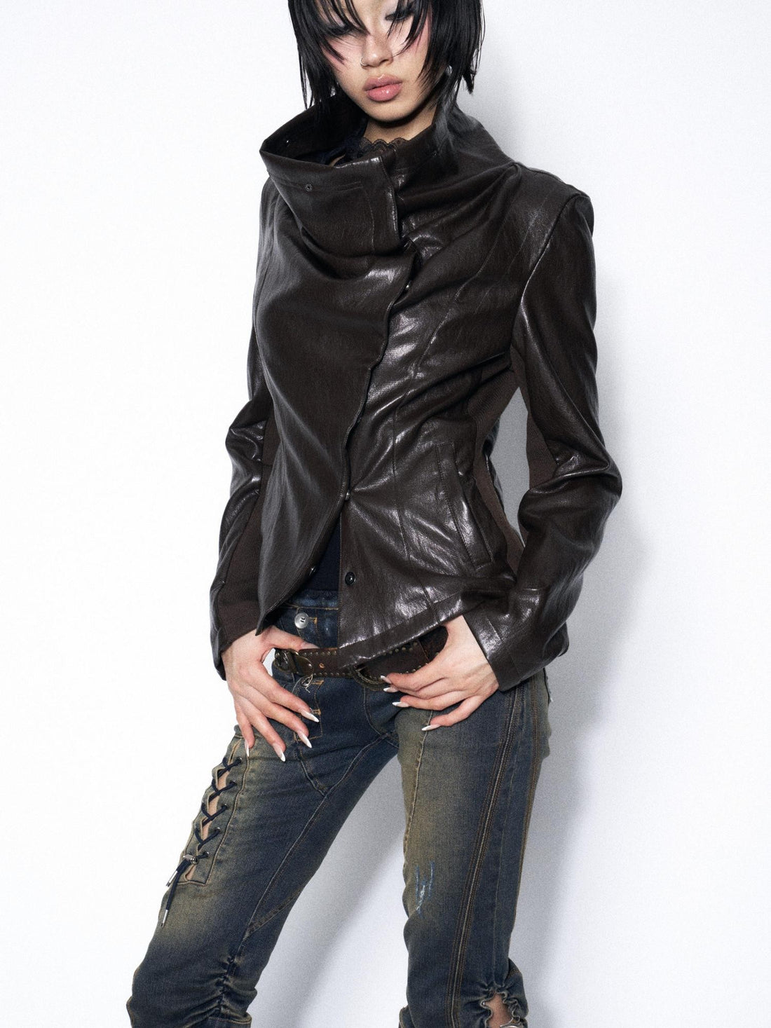 OPEN AESTHETIC Dark Brown Draped Collar Cinched Waist Women&