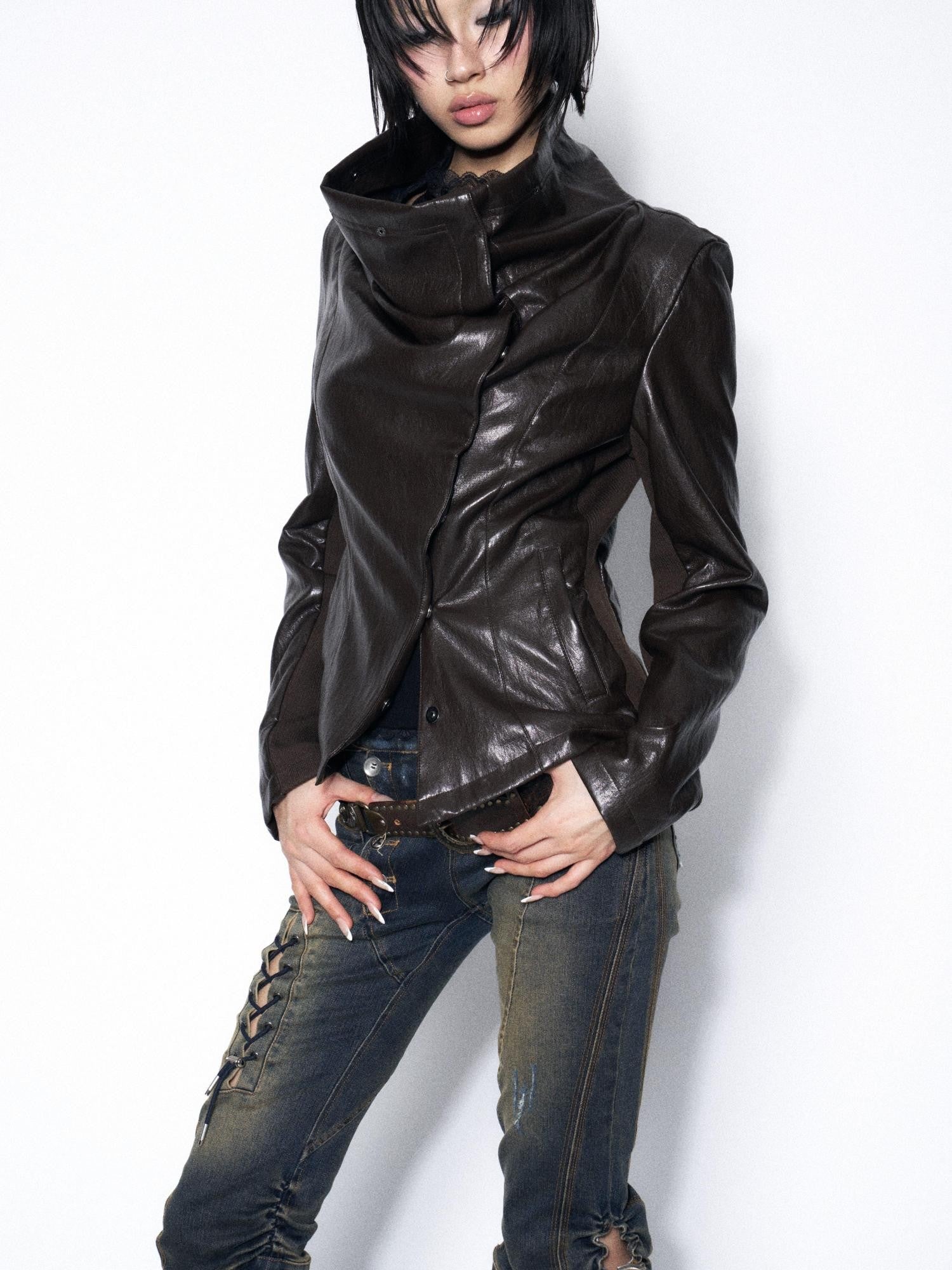 OPEN AESTHETIC Dark Brown Draped Collar Cinched Waist Women&