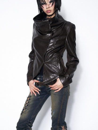 OPEN AESTHETIC Dark Brown Draped Collar Cinched Waist Women&