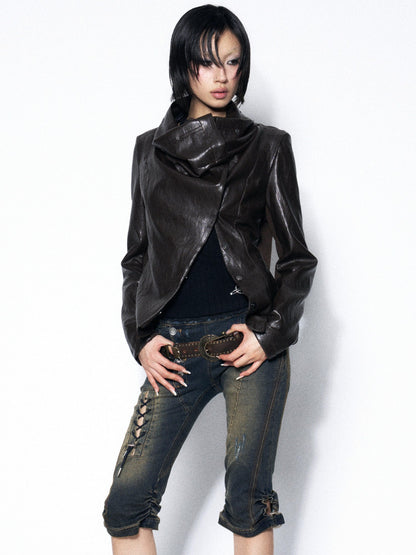 OPEN AESTHETIC Dark Brown Draped Collar Cinched Waist Women&