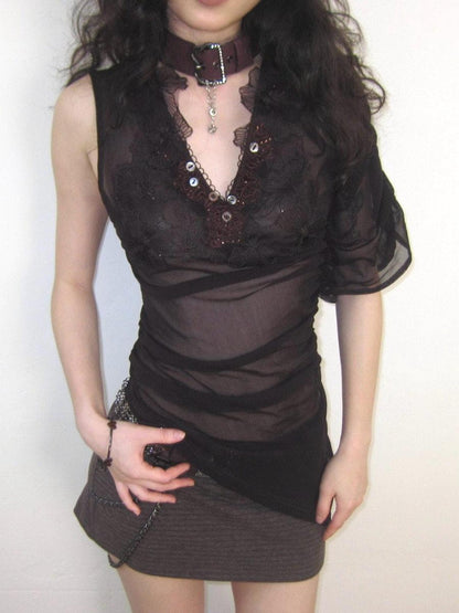 OPEN AESTHETIC Dark Purple Embroidered Floral Neck Tie One Sleeve Button Women&