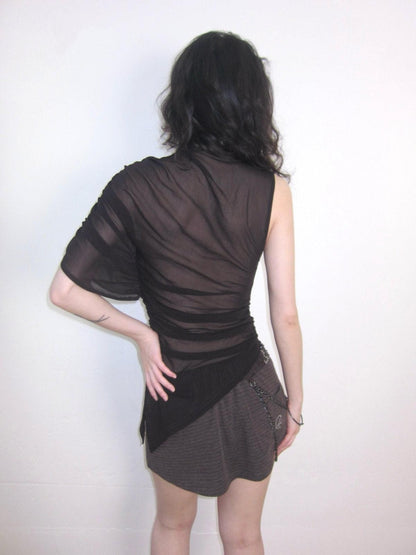 OPEN AESTHETIC Dark Purple Embroidered Floral Neck Tie One Sleeve Button Women&