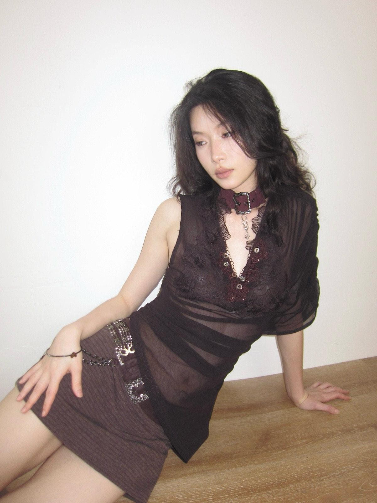OPEN AESTHETIC Dark Purple Embroidered Floral Neck Tie One Sleeve Button Women&