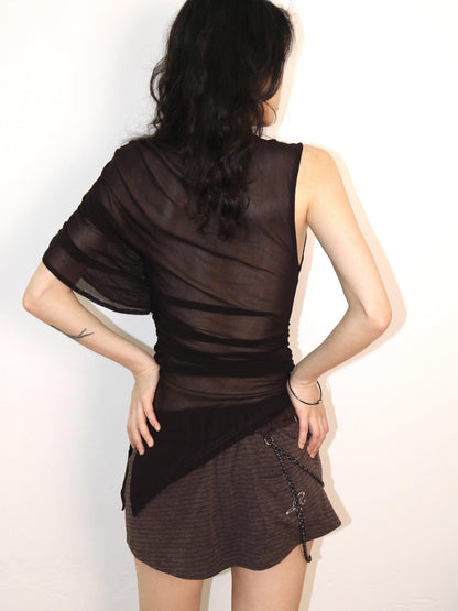 OPEN AESTHETIC Dark Purple Embroidered Floral Neck Tie One Sleeve Button Women&