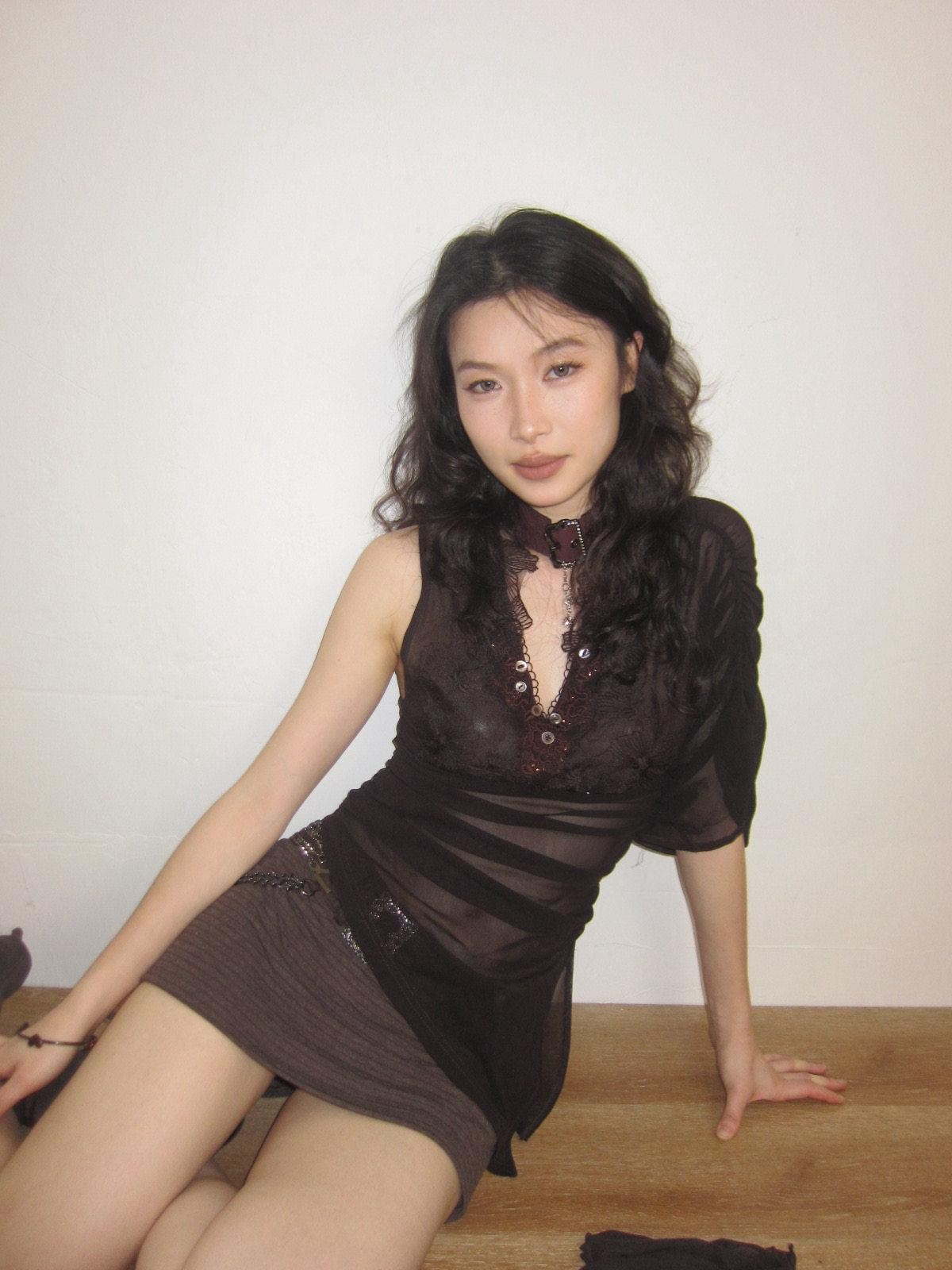 OPEN AESTHETIC Dark Purple Embroidered Floral Neck Tie One Sleeve Button Women&