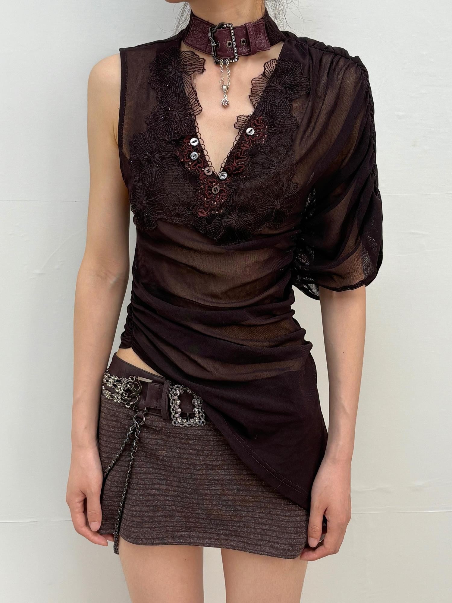 OPEN AESTHETIC Dark Purple Embroidered Floral Neck Tie One Sleeve Button Women&