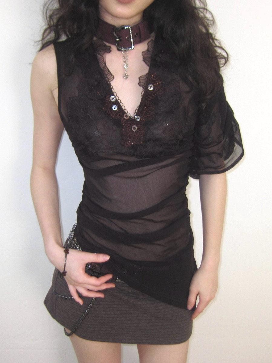 OPEN AESTHETIC Dark Purple Embroidered Floral Neck Tie One Sleeve Button Women&