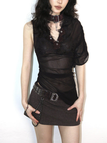 OPEN AESTHETIC Dark Purple Embroidered Floral Neck Tie One Sleeve Button Women&