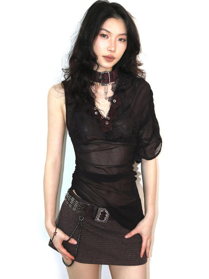 OPEN AESTHETIC Dark Red A Line Rhinestone Metal Waist Women&