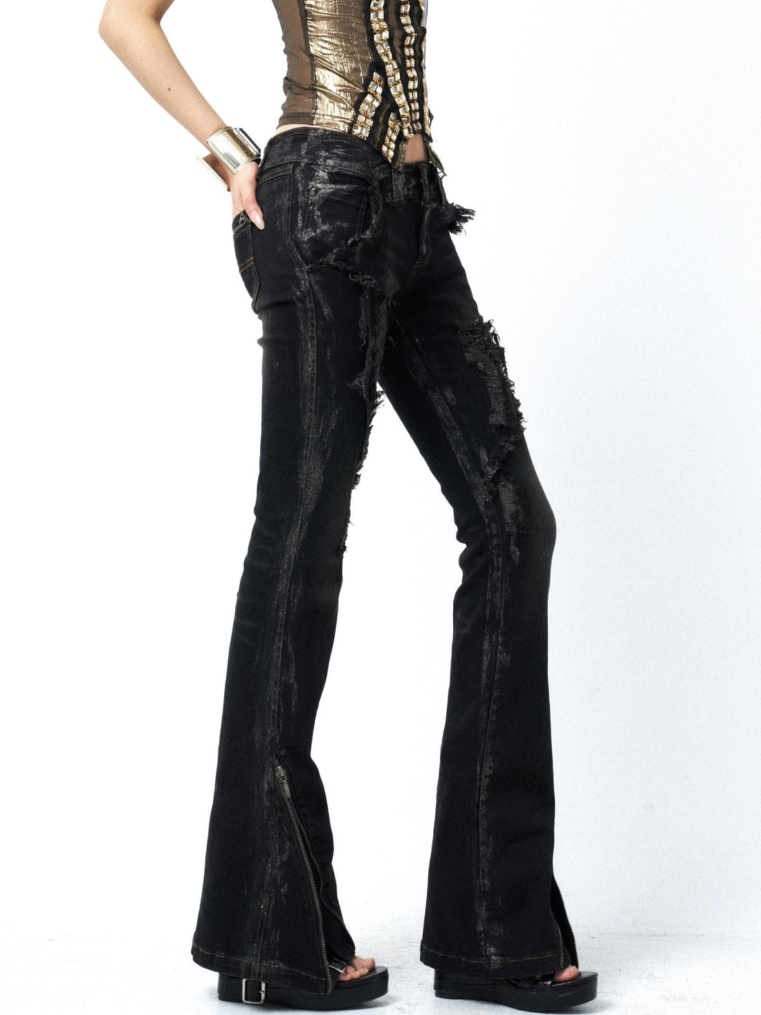 OPEN AESTHETIC Dark Wash Distressed Ripped Gold Foil Women&