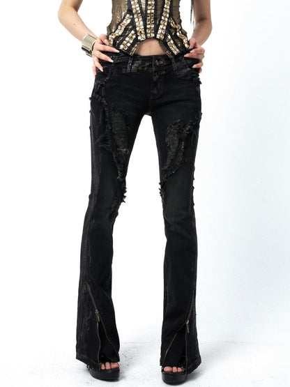 OPEN AESTHETIC Dark Wash Distressed Ripped Gold Foil Women&