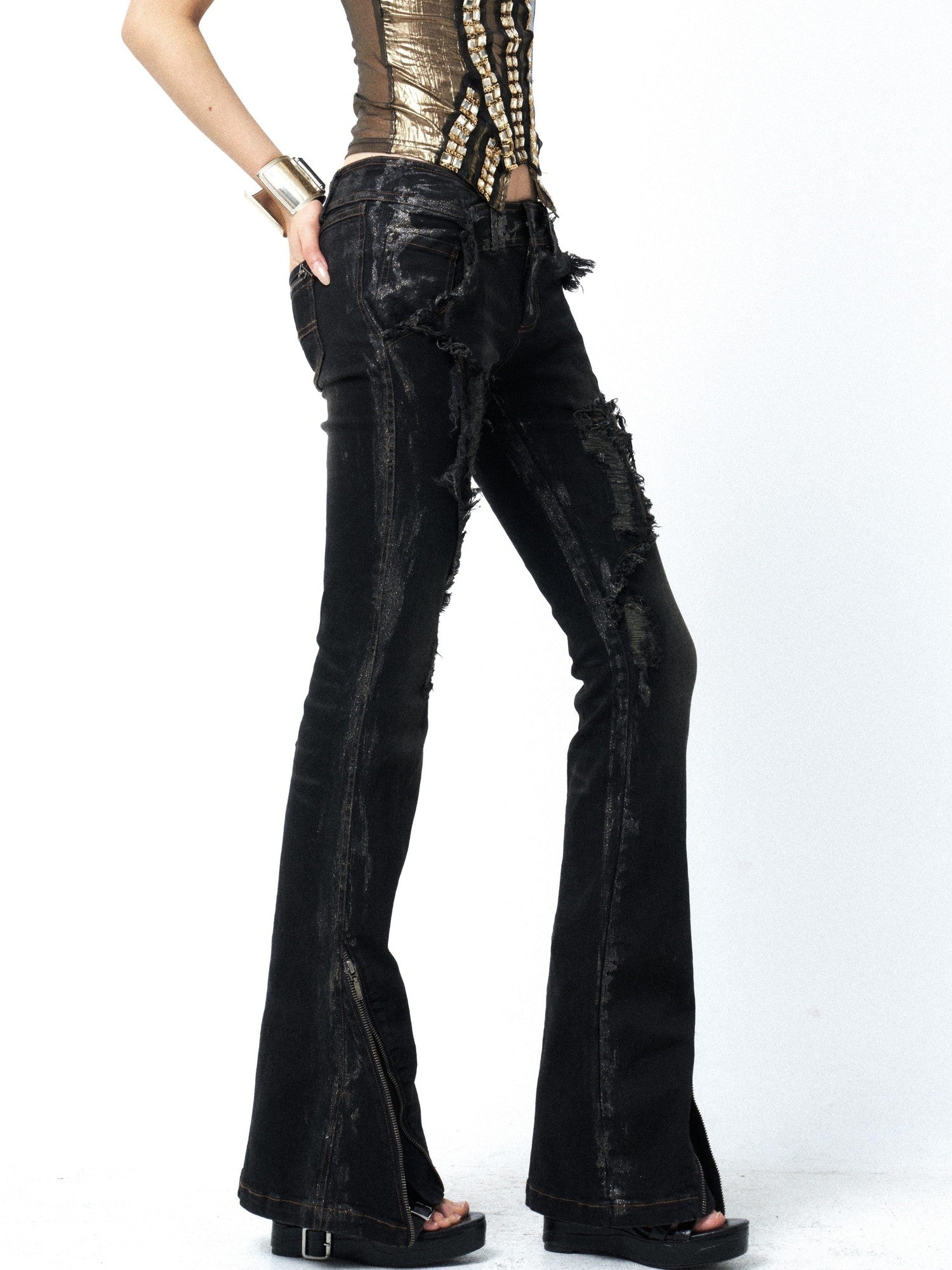 OPEN AESTHETIC Dark Wash Distressed Ripped Gold Foil Women&