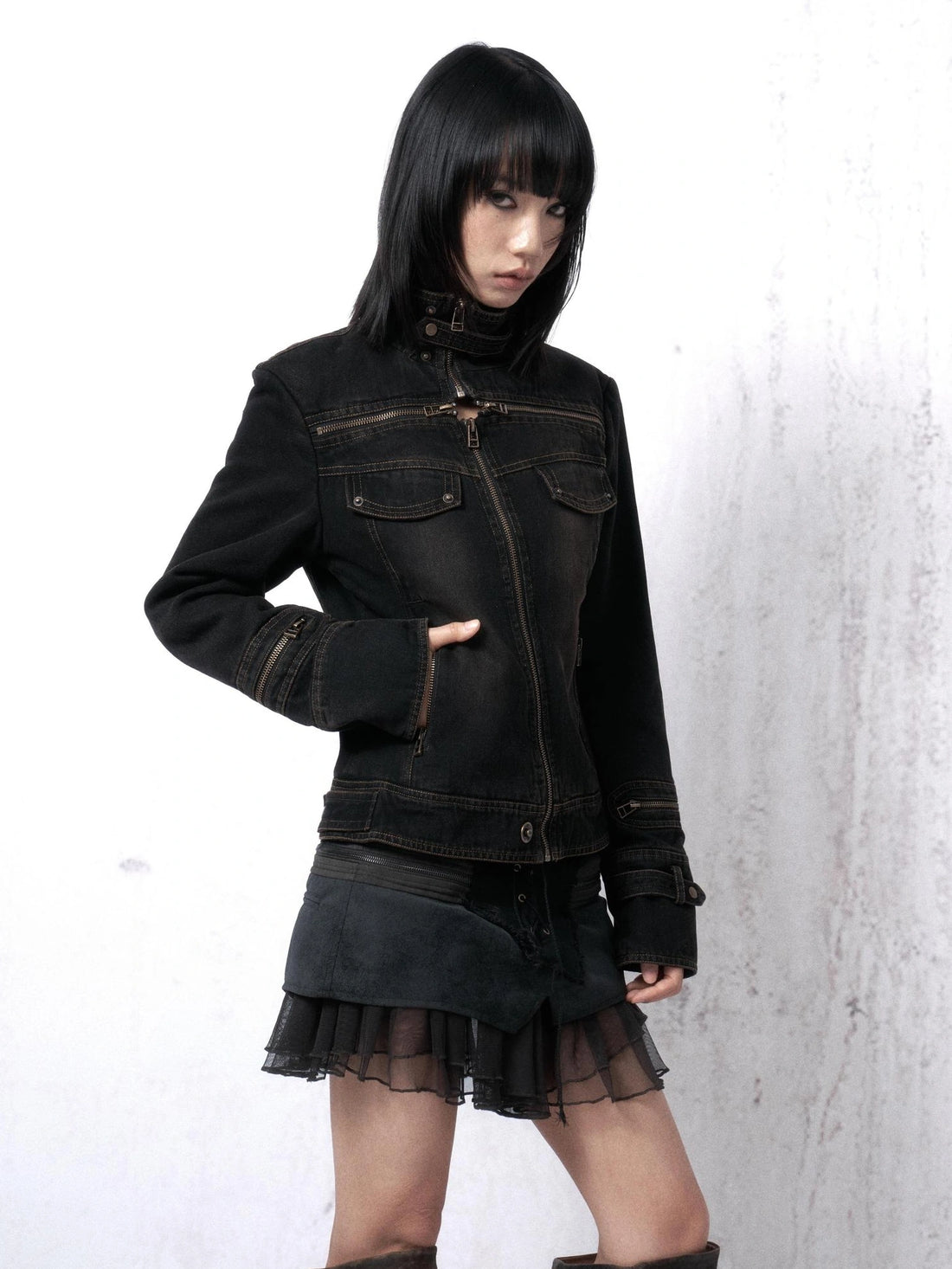 OPEN AESTHETIC Distressed Cotton Denim Mock Neck Zip Up Vintage Slim Fit Pockets Womens Jacket