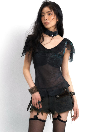 Distressed Denim Shorts With Detachable Cyberpunk Leggings