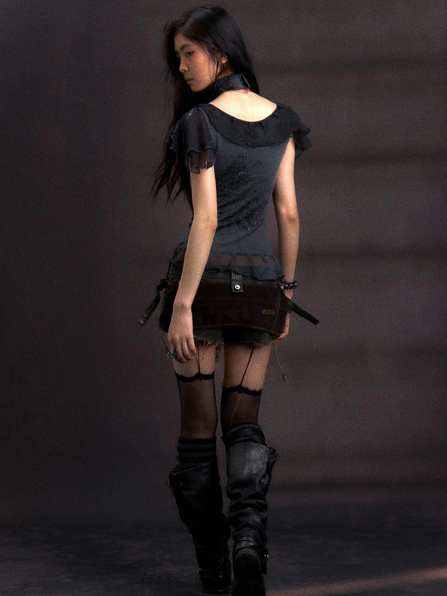 Distressed Denim Shorts With Detachable Cyberpunk Leggings