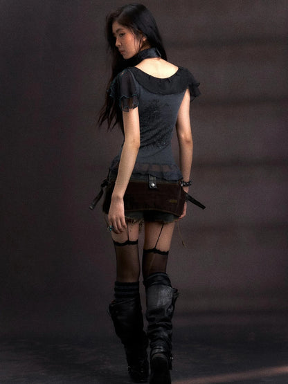 Distressed Denim Shorts With Detachable Cyberpunk Leggings