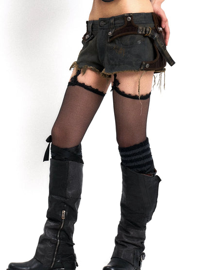 Distressed Denim Shorts With Detachable Cyberpunk Leggings