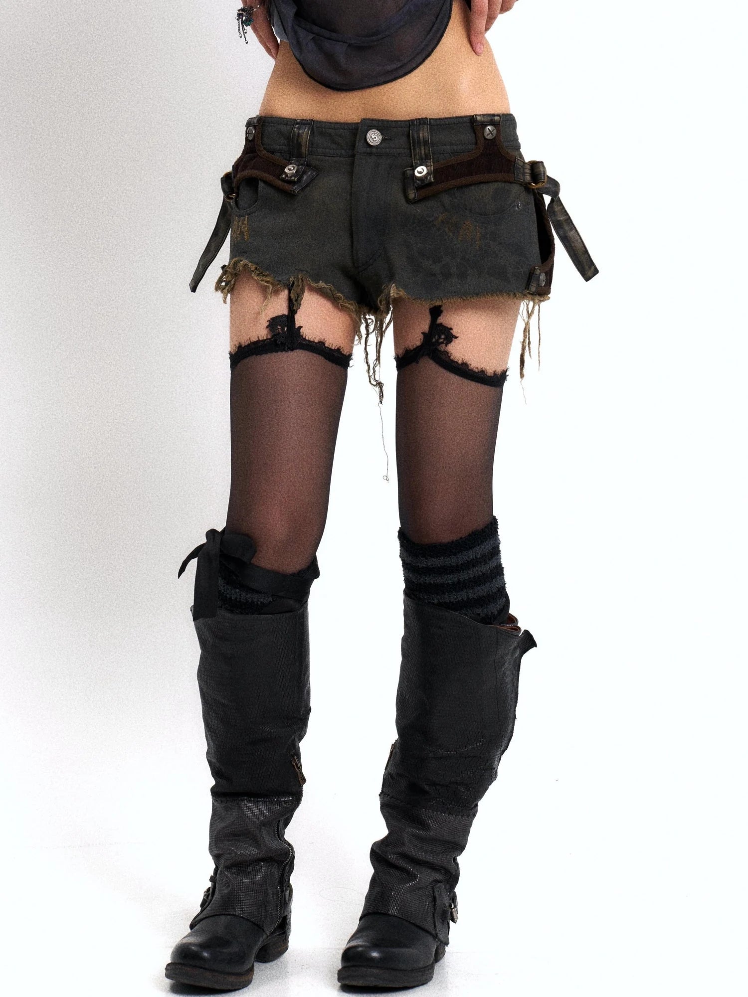 Distressed Denim Shorts With Detachable Cyberpunk Leggings