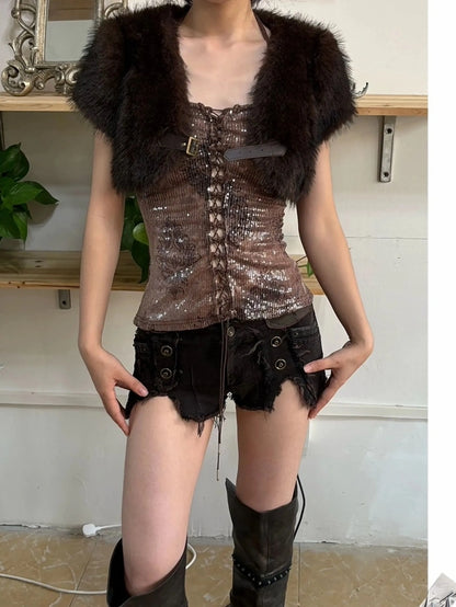 OPEN AESTHETIC Distressed Low Rise Slim Fit Button Fly Vintage Women No Stretch Shorts