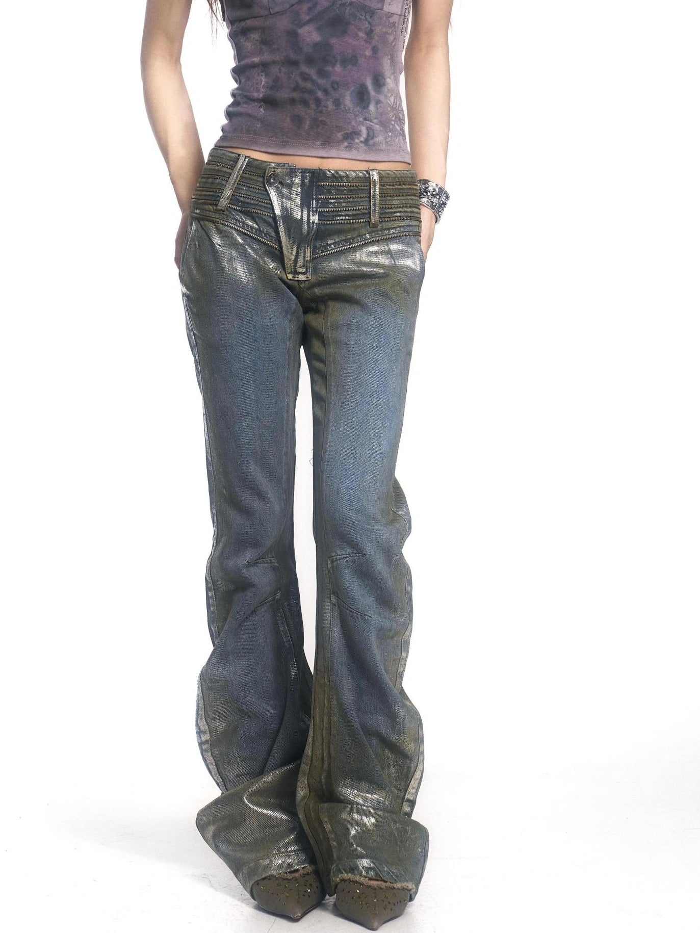 OPEN AESTHETIC Distressed Patchwork Low Rise Slim Fit Stretch Y2K Vintage Women Denim Jeans