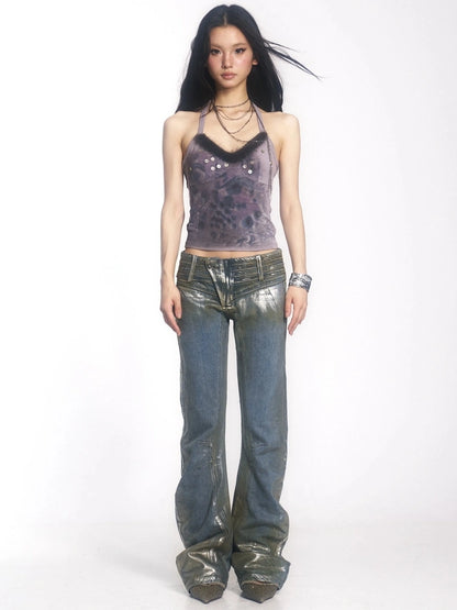 OPEN AESTHETIC Distressed Patchwork Low Rise Slim Fit Stretch Y2K Vintage Women Denim Jeans