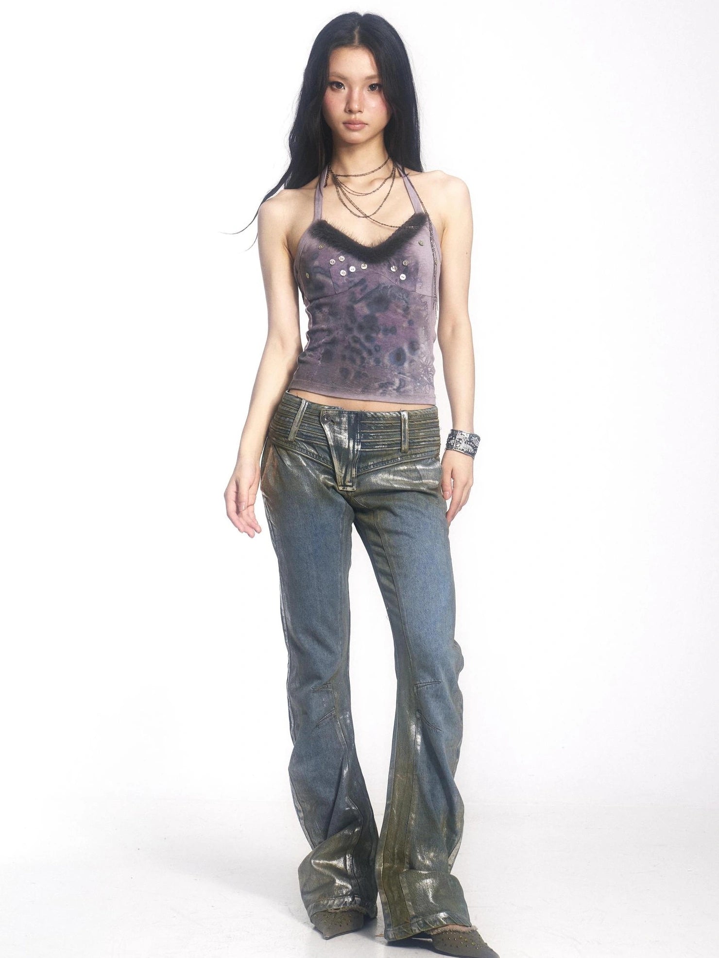 OPEN AESTHETIC Distressed Patchwork Low Rise Slim Fit Stretch Y2K Vintage Women Denim Jeans