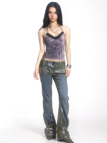 OPEN AESTHETIC Distressed Patchwork Low Rise Slim Fit Stretch Y2K Vintage Women Denim Jeans