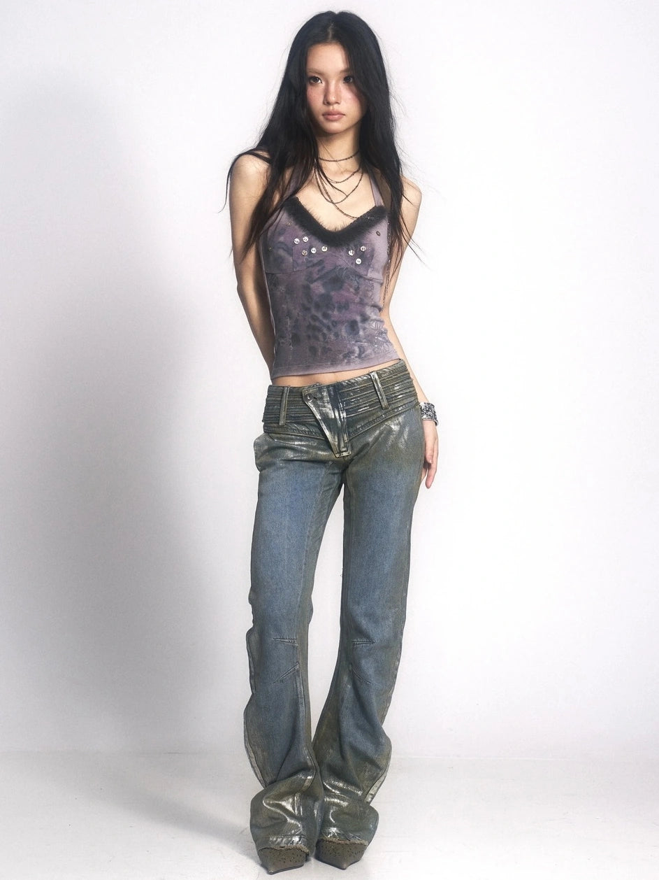 OPEN AESTHETIC Distressed Patchwork Low Rise Slim Fit Stretch Y2K Vintage Women Denim Jeans