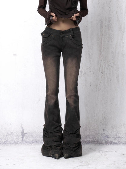 OPEN AESTHETIC Distressed Vintage Dark Brown Slim Low Rise Women Bootcut Denim Button Fly Jeans