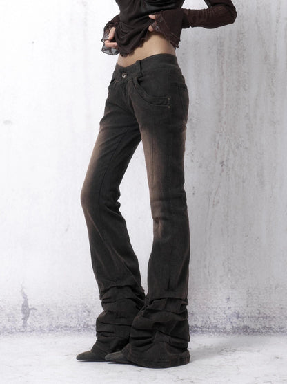 OPEN AESTHETIC Distressed Vintage Dark Brown Slim Low Rise Women Bootcut Denim Button Fly Jeans