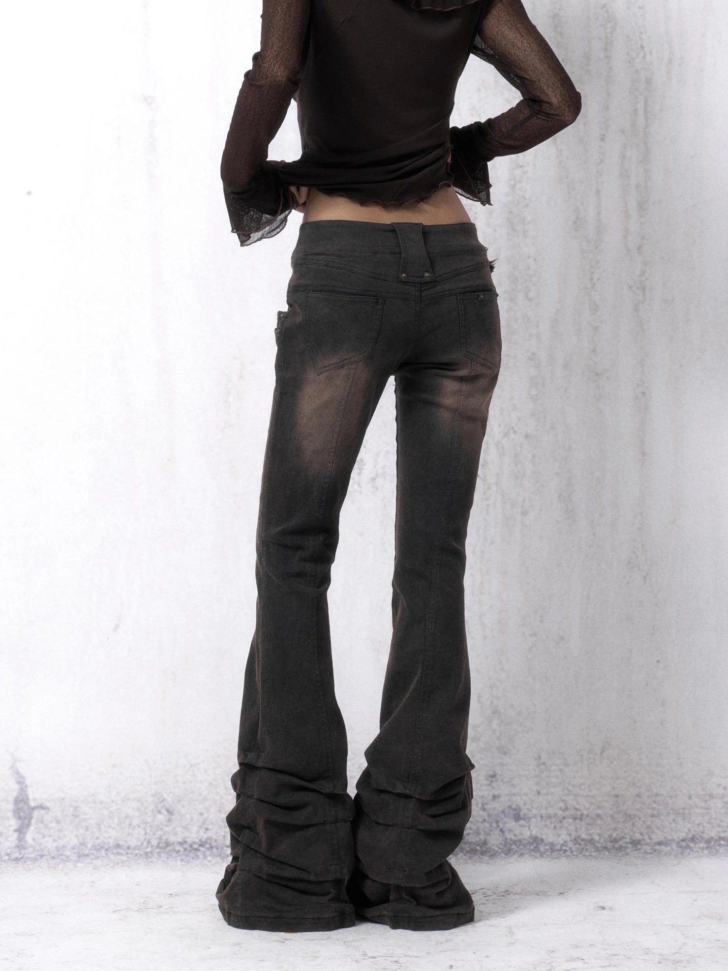 OPEN AESTHETIC Distressed Vintage Dark Brown Slim Low Rise Women Bootcut Denim Button Fly Jeans