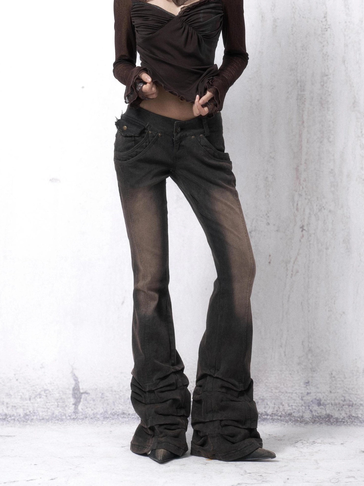 OPEN AESTHETIC Distressed Vintage Dark Brown Slim Low Rise Women Bootcut Denim Button Fly Jeans