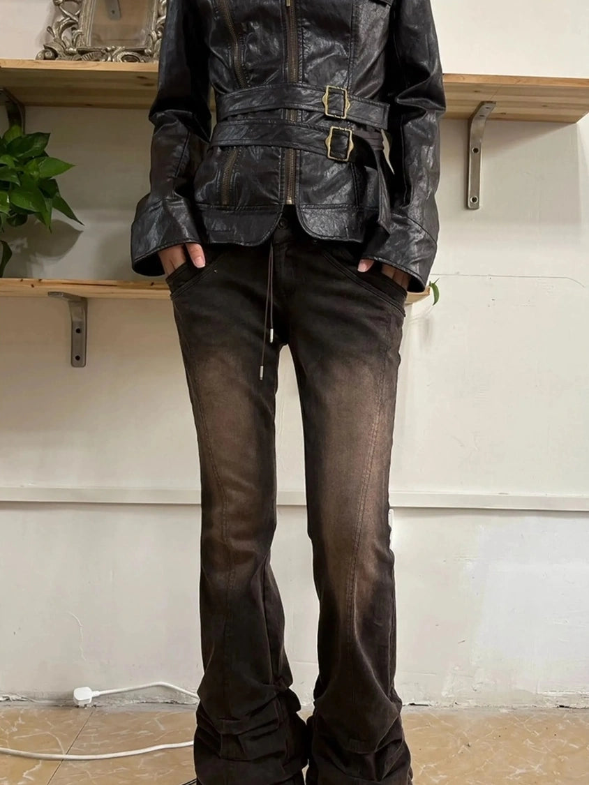 OPEN AESTHETIC Distressed Vintage Dark Brown Slim Low Rise Women Bootcut Denim Button Fly Jeans