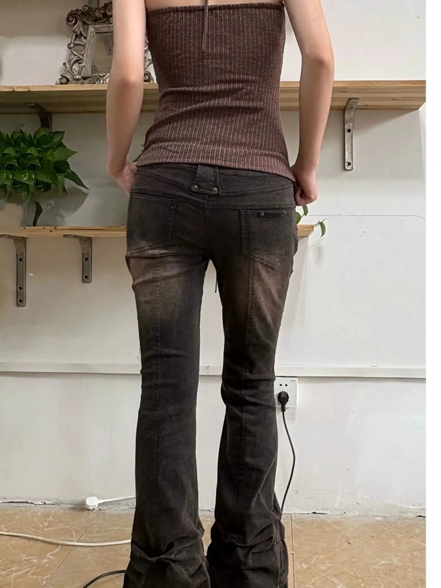 OPEN AESTHETIC Distressed Vintage Dark Brown Slim Low Rise Women Bootcut Denim Button Fly Jeans