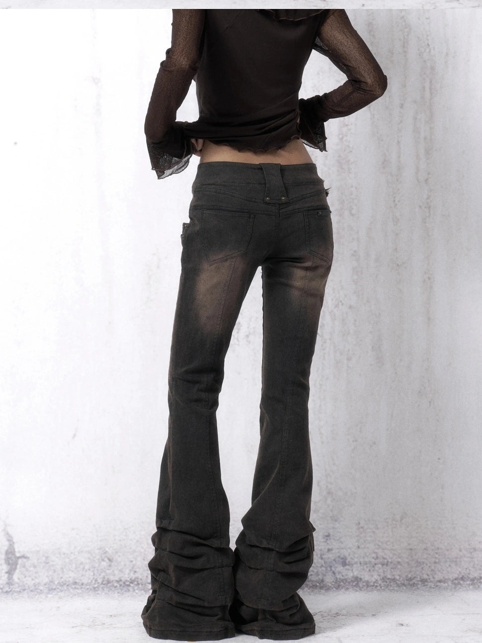 OPEN AESTHETIC Distressed Vintage Dark Brown Slim Low Rise Women Bootcut Denim Button Fly Jeans