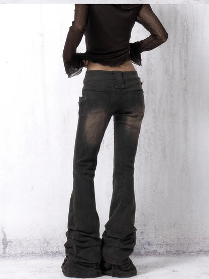 OPEN AESTHETIC Distressed Vintage Dark Brown Slim Low Rise Women Bootcut Denim Button Fly Jeans