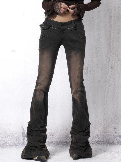 OPEN AESTHETIC Distressed Vintage Dark Brown Slim Low Rise Women Bootcut Denim Button Fly Jeans