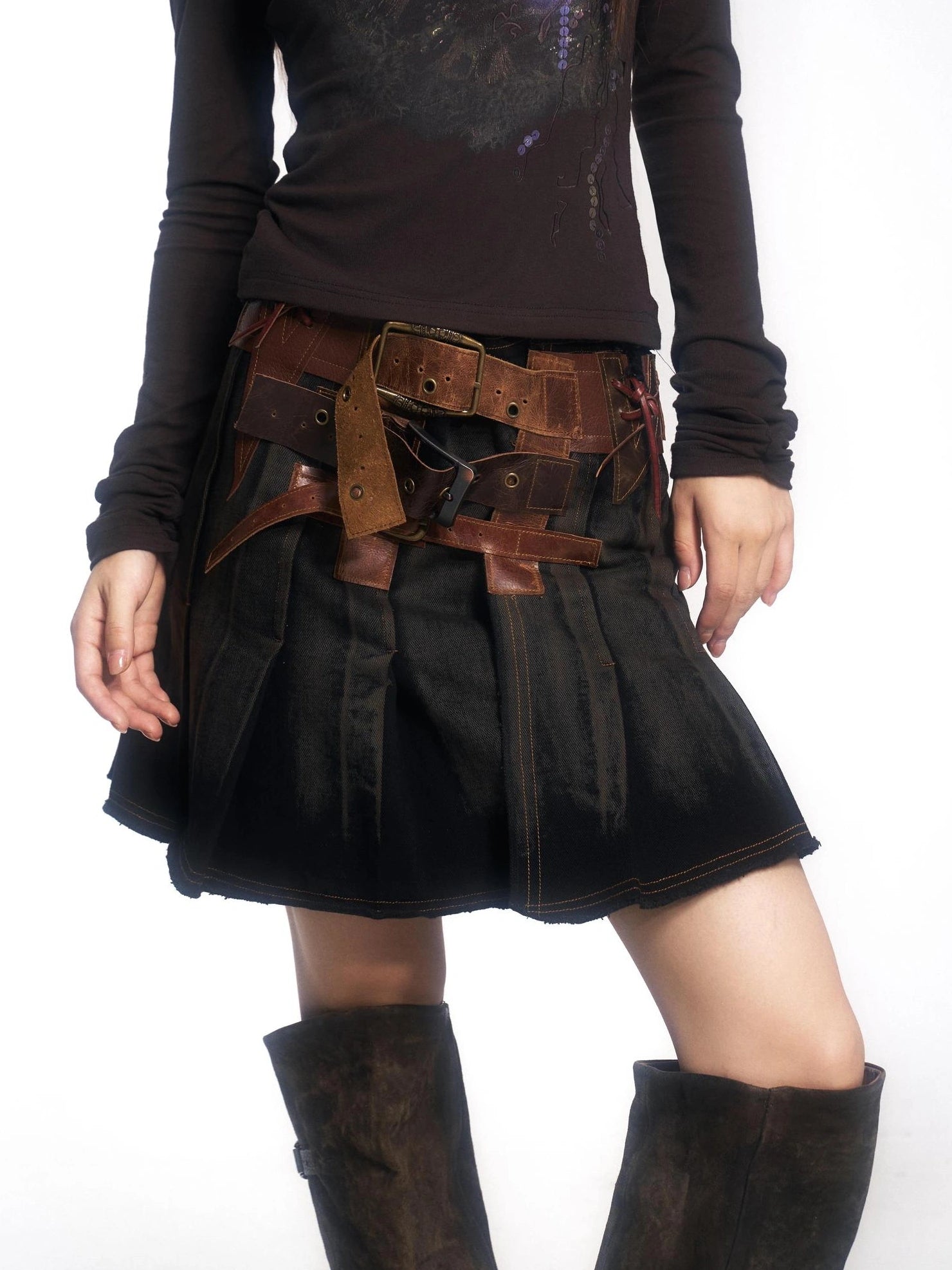 OPEN AESTHETIC Distressed Washed Cowhide Leather A Line Low Rise Women Vintage Black Mini Skirt