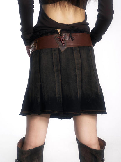 OPEN AESTHETIC Distressed Washed Cowhide Leather A Line Low Rise Women Vintage Black Mini Skirt