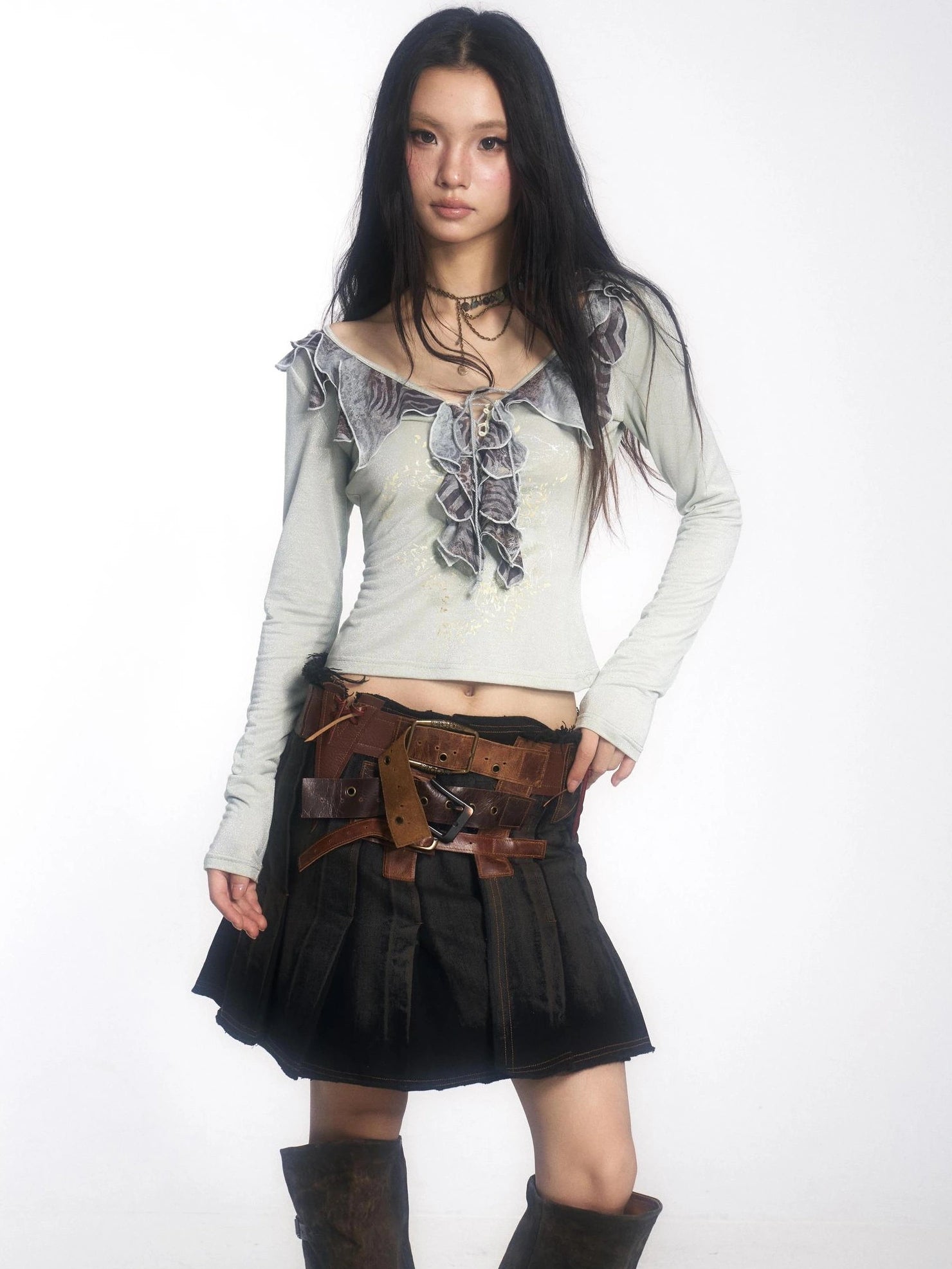 OPEN AESTHETIC Distressed Washed Cowhide Leather A Line Low Rise Women Vintage Black Mini Skirt