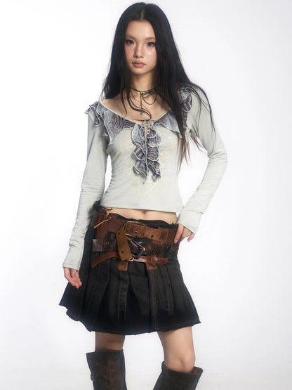 OPEN AESTHETIC Distressed Washed Cowhide Leather A Line Low Rise Women Vintage Black Mini Skirt